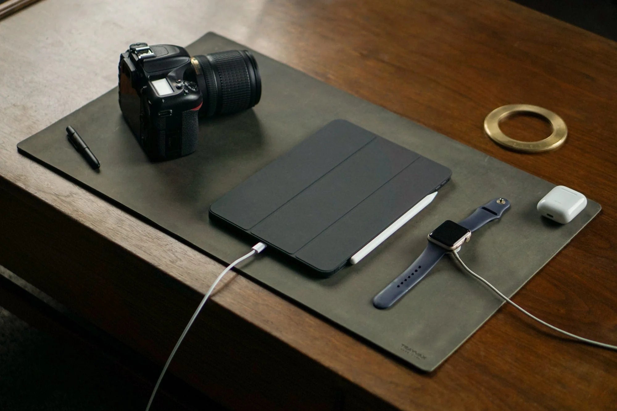 Leather Desk Mat With Ipad, Apple Watch, DSLR, and Airpods On Display