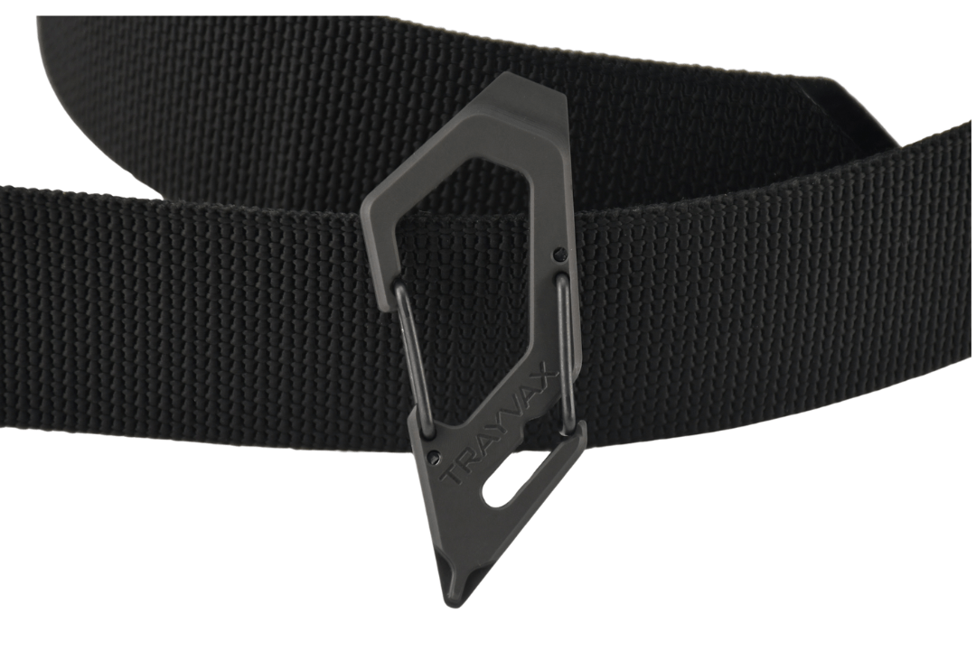Black Talon Carabiner Leaning Against Cinch Belt Material