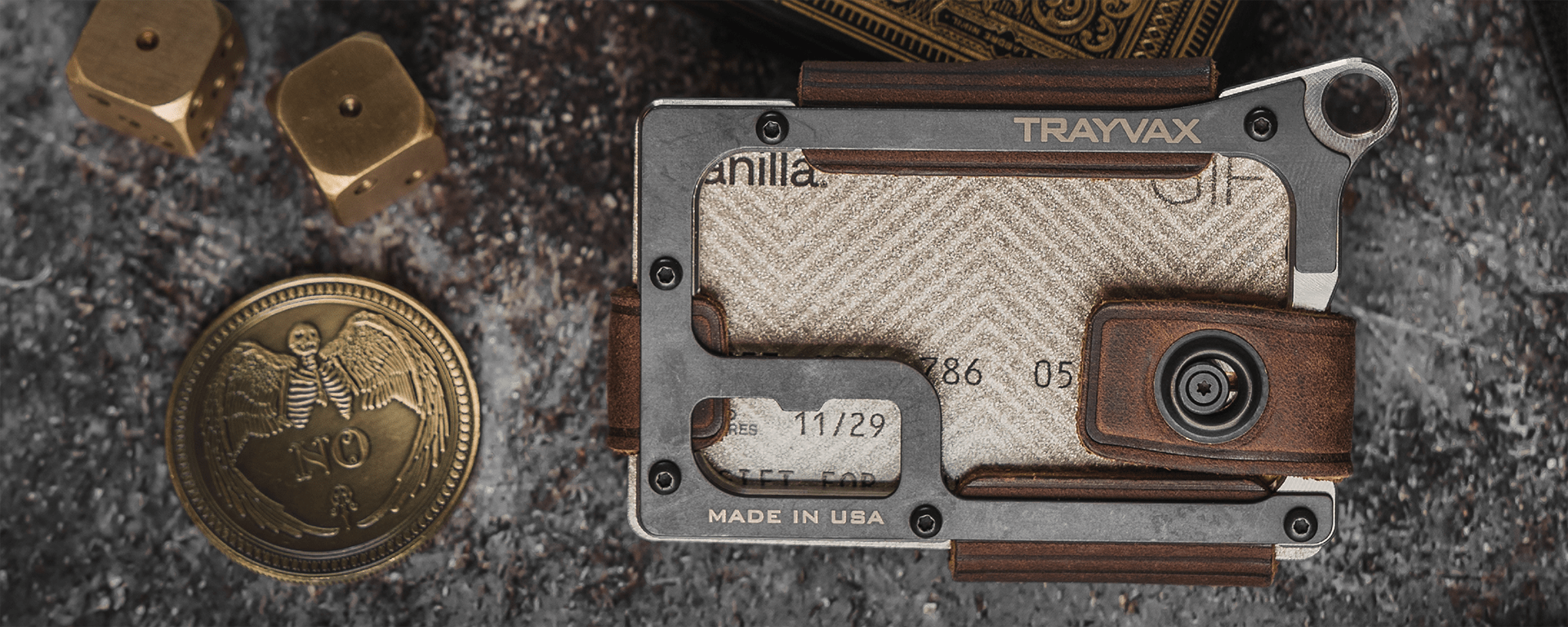 Trayvax Metal Wallets For Men Laying Next Collector Coin & Metal Dice