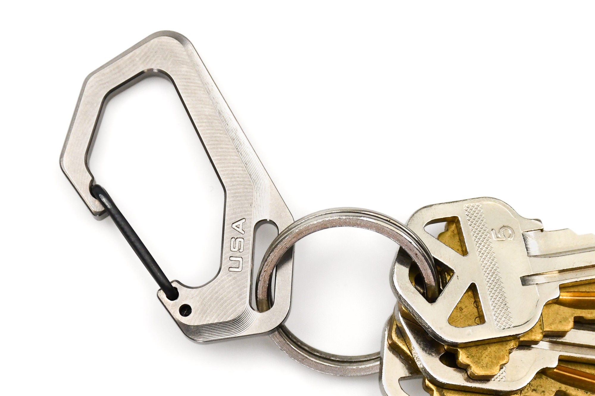 Keychain or Keyrings Connected to Carabiner Clip oO White Background