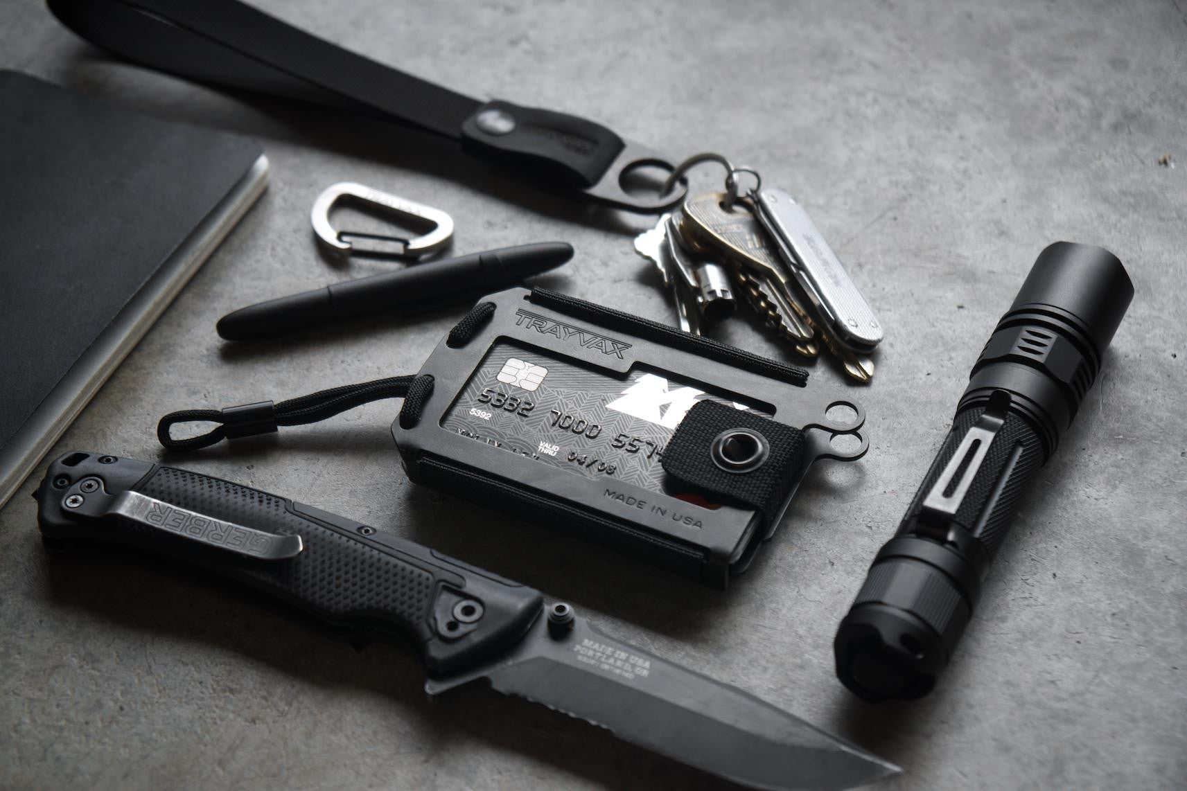 Black Axis Wallet Surrounded By Everyday Carry Gear