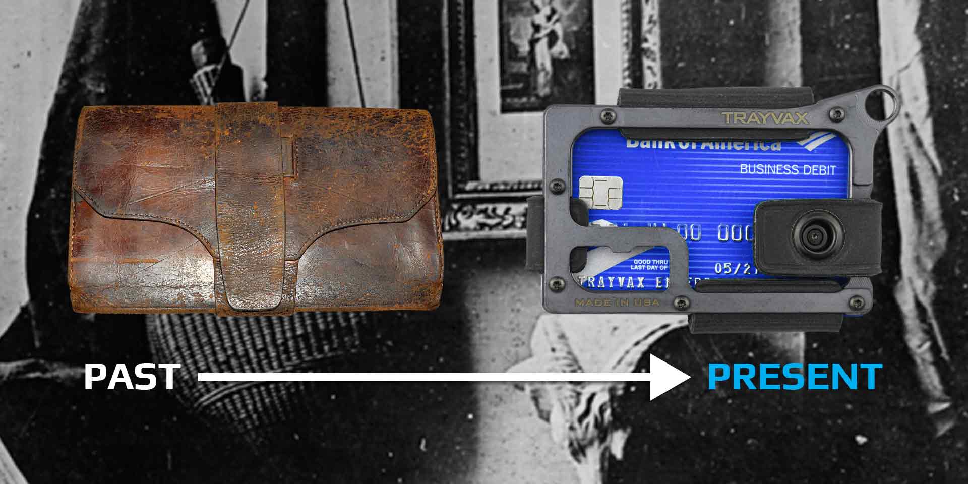 Showing an old wallet laying next to the Trayvax Contour